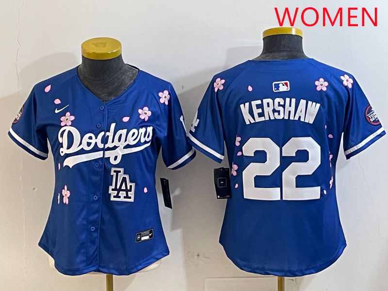 Women Los Angeles Dodgers #22 Kershaw Blue White Blue Sakura Edition 2025 Nike MLB Jersey style 9->los angeles dodgers->MLB Jersey